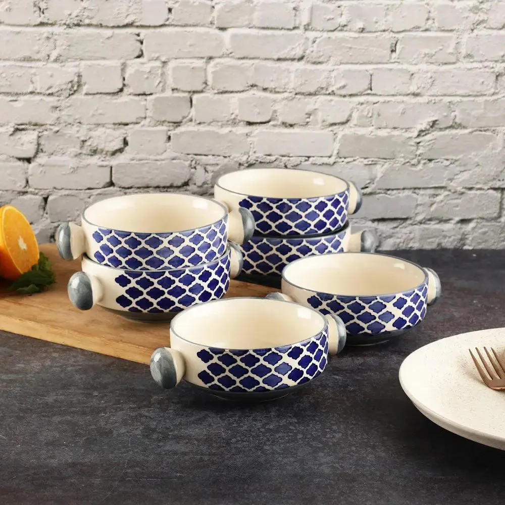 Hand Painted Mughal Blue Designer Ceramic Bowl Set With Handle Set Of 6