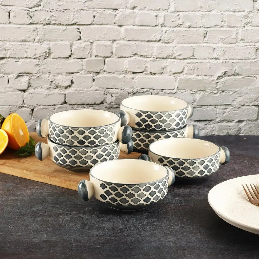 Hand Painted Mughal Grey Designer Ceramic Bowl Set With Handle Set Of 6