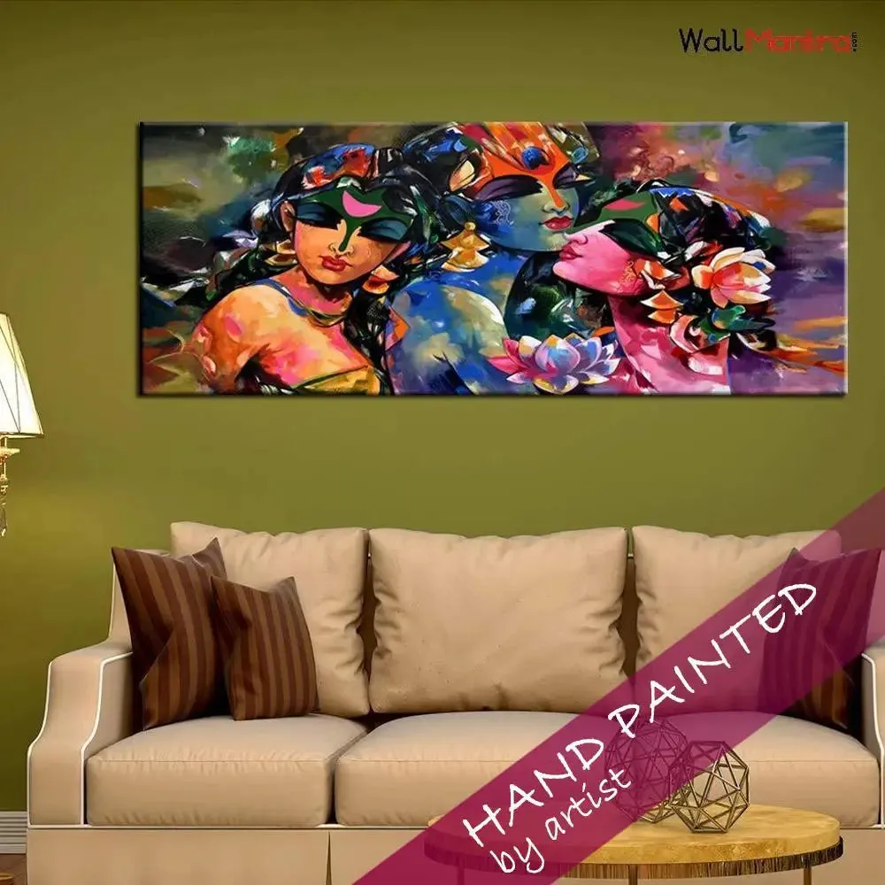 Hand Painted Radha Krishna Gopies Spiritual Wall Painting In  Canvas