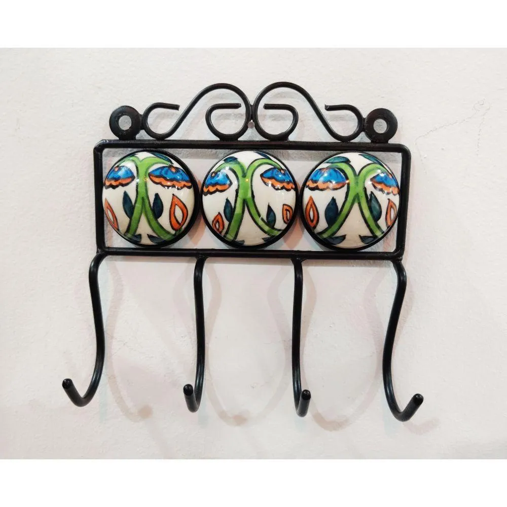 Handcrafted Green Ceramic Wrought Iron Quirky Wall Hook - Set of 2