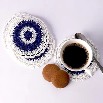 Handmade Crochet Table Coasters Set of 6 ~Blue&White