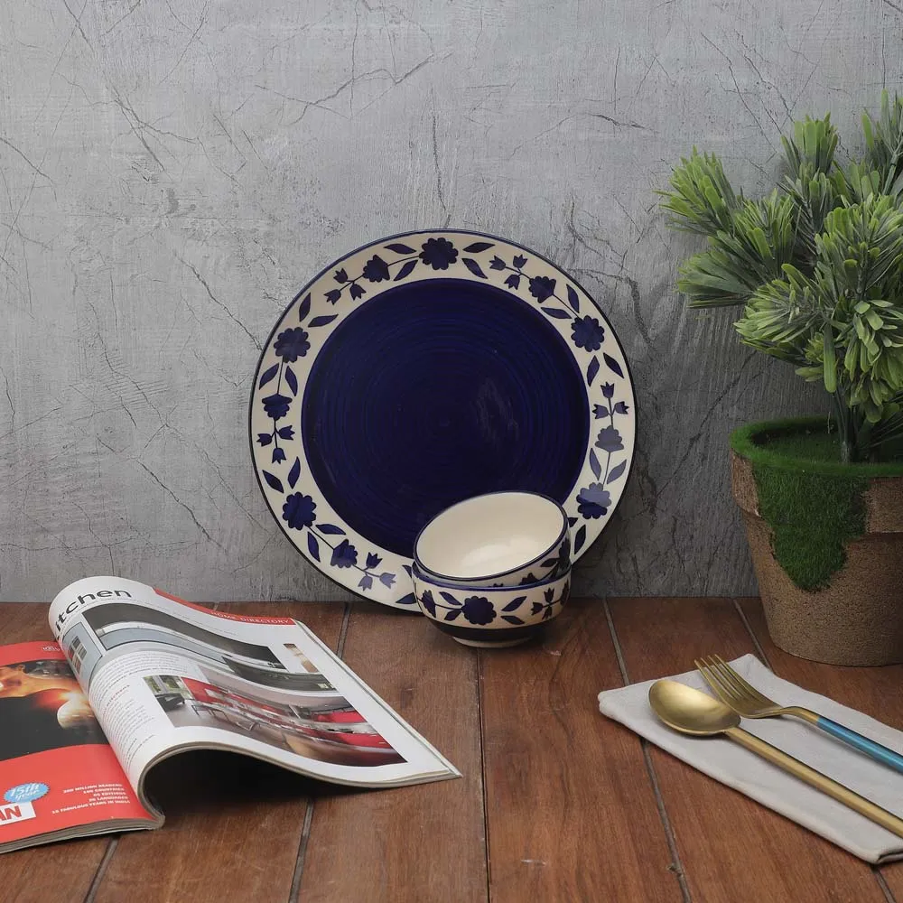 Handpainted Blue Serving Plate with Serving Bowl Dinnerware Set