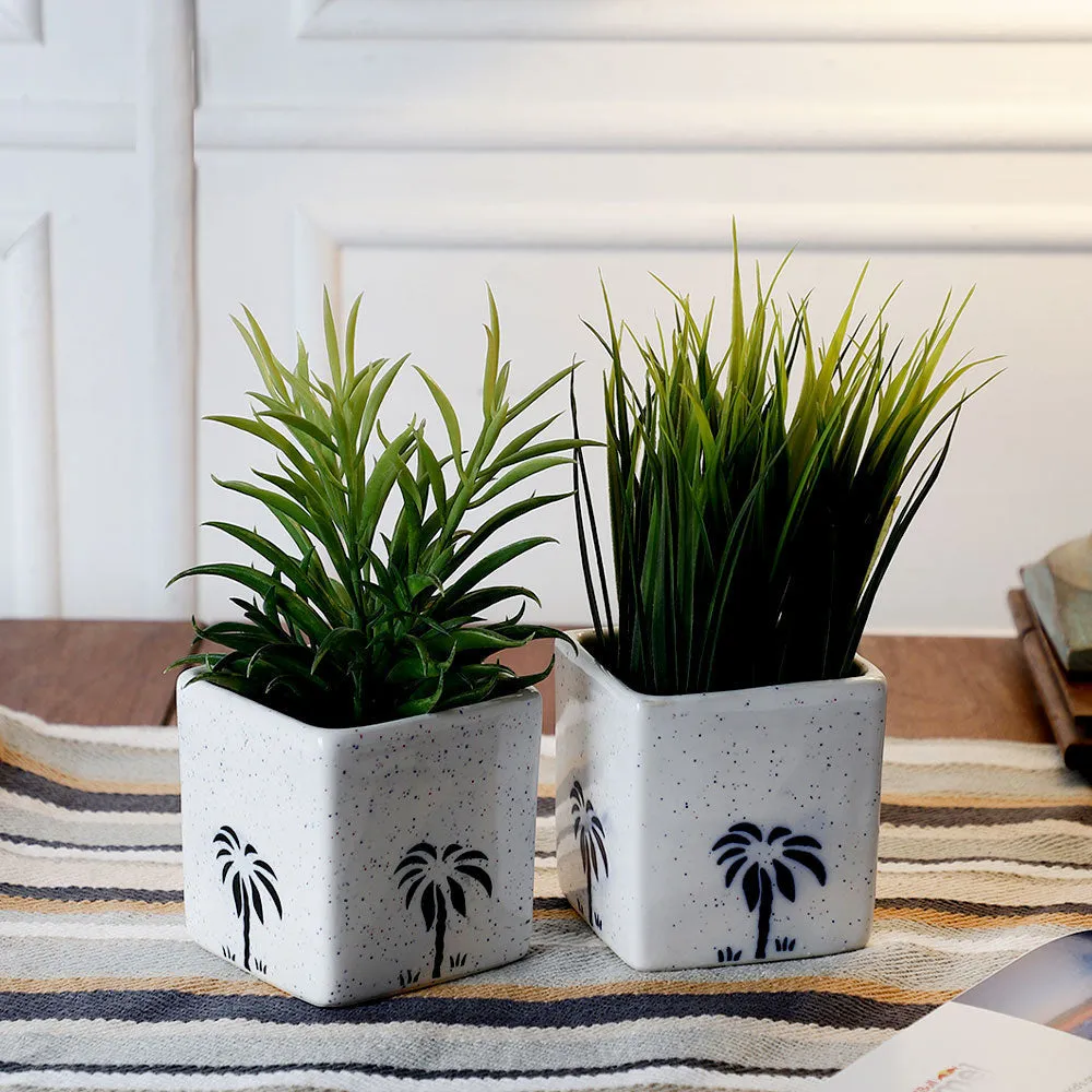 Handpainted Decorative White Cube  Flower Pots/ Ceramic Planters Set Of 2