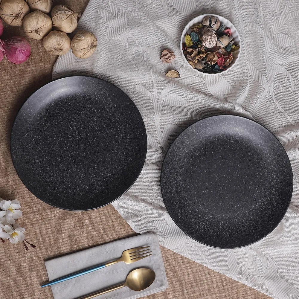 Handpainted White Sprinkled Matte Black Ceramic Dinner Plates Set Of 2