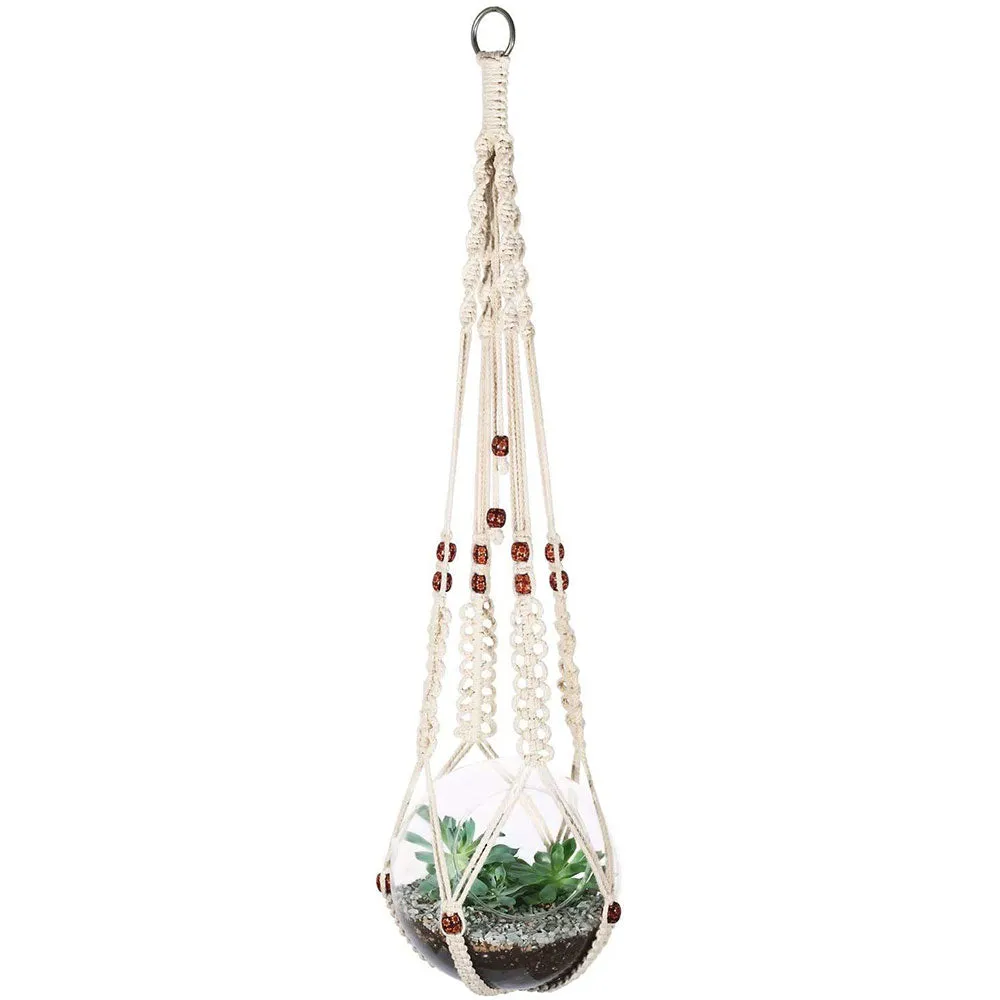 Handwoven Brown Beaded Long Plant Hanger Without Pot