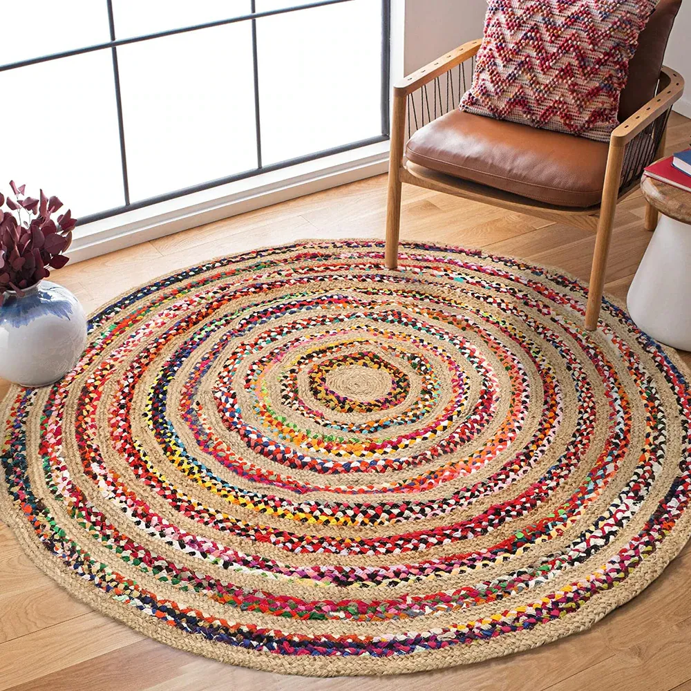 Handwoven Multicolor Designer Round Jute & Cotton Floormat