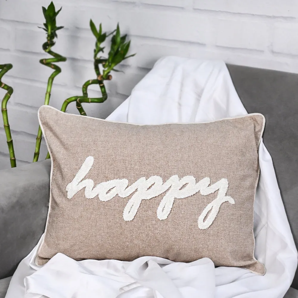 Happy Printed Beige Velvet Cushion Cover