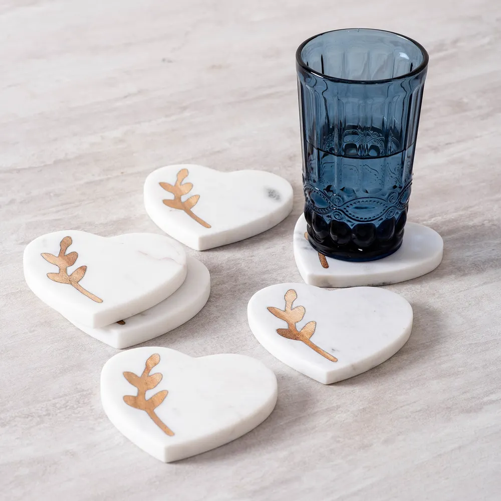 Heart-Shaped White Marble Coasters Set Of 6