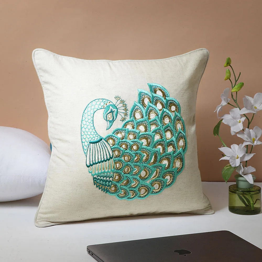 Heavy Peacock Embroidered Off White and Blue 100% Cotton Cushion Cover Set of 1