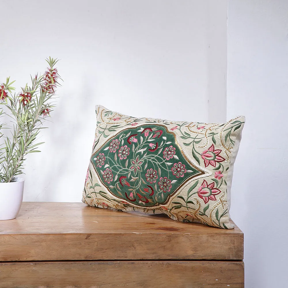 Heavy Sequin Natural Linen and Green Colored Embroidered Rectangle 100% Cotton Cushion Cover Pack of 1