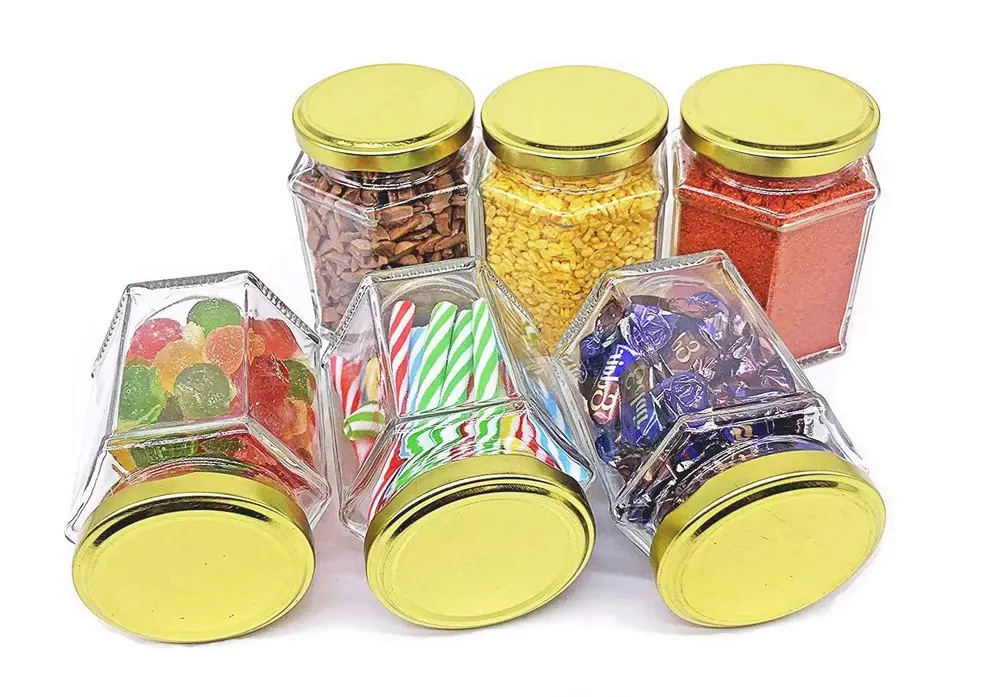 Hexagon Cut Airtight Glass Kitchen Storage Container With Golden Lid Set Of 6 (260 ml)