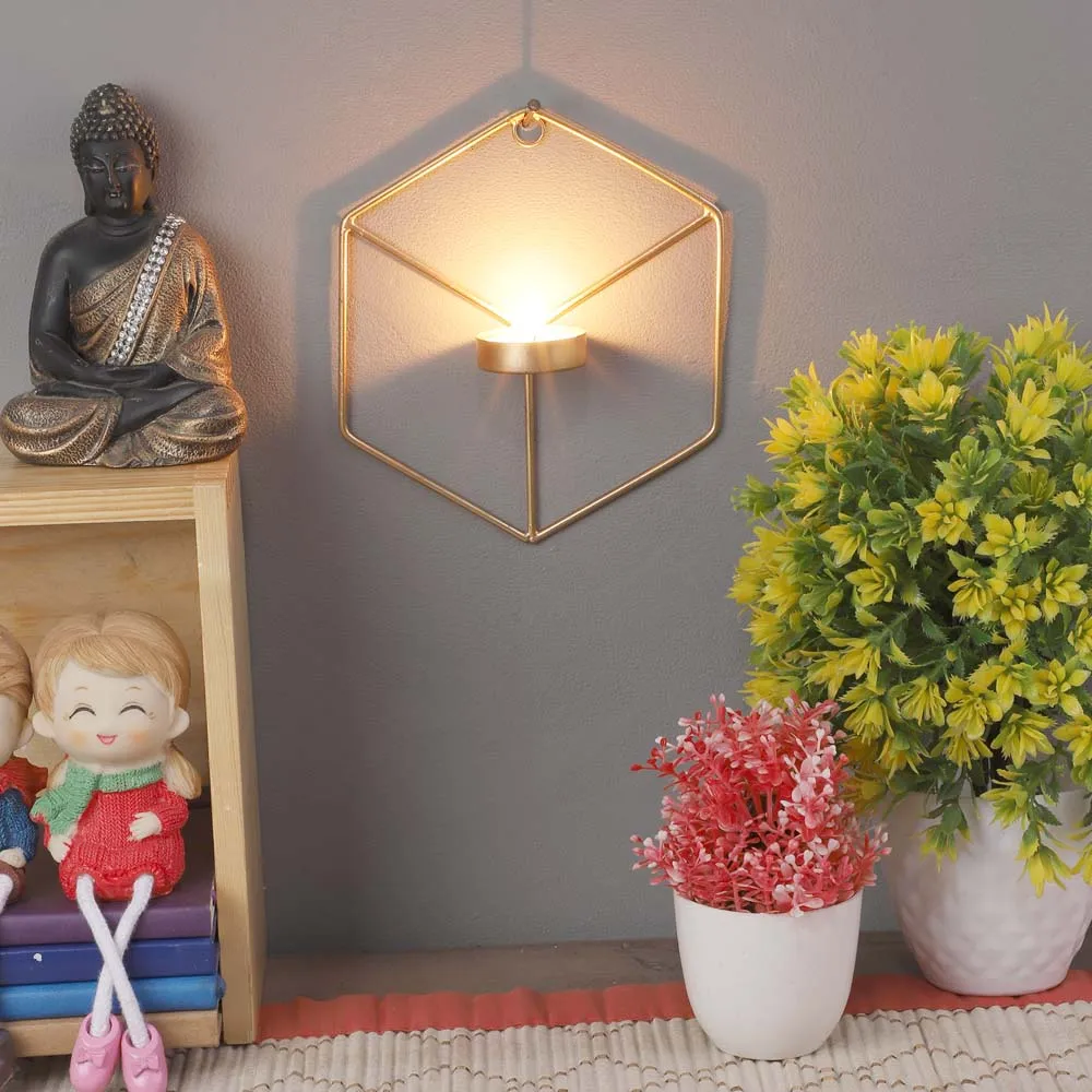 Hexagon Golden Wall Tea Light Candle Holders Set of 2