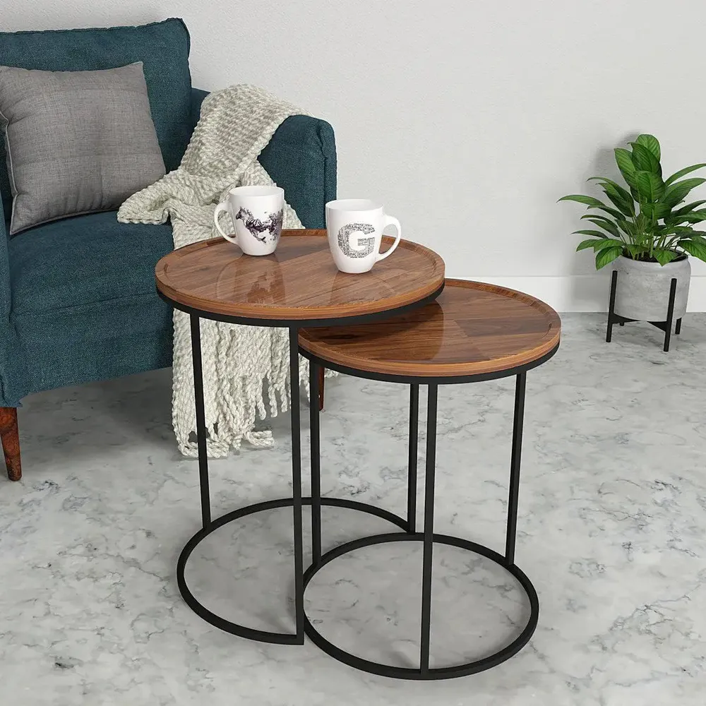 High-Quality Sheesham Wood Nesting Tables with Metal Base - Set of 2