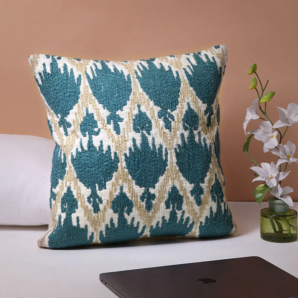 Ikat Embroidered Pattern Teal Blue and Light Beige 100 % Cotton Square Cushion Cover Set Of 1