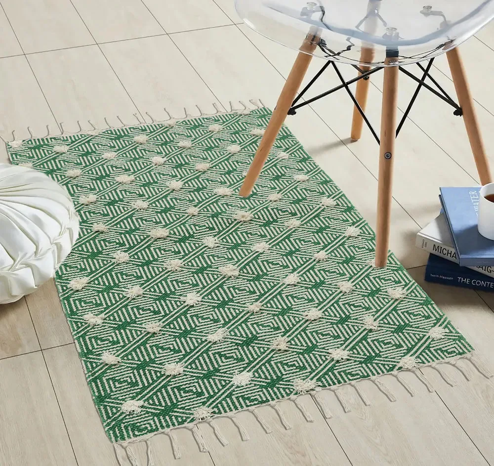 Illusive Geometrical Handmade Tufted Green 100% Cotton Non-Slip Washable Area Rug- 2x3 ft