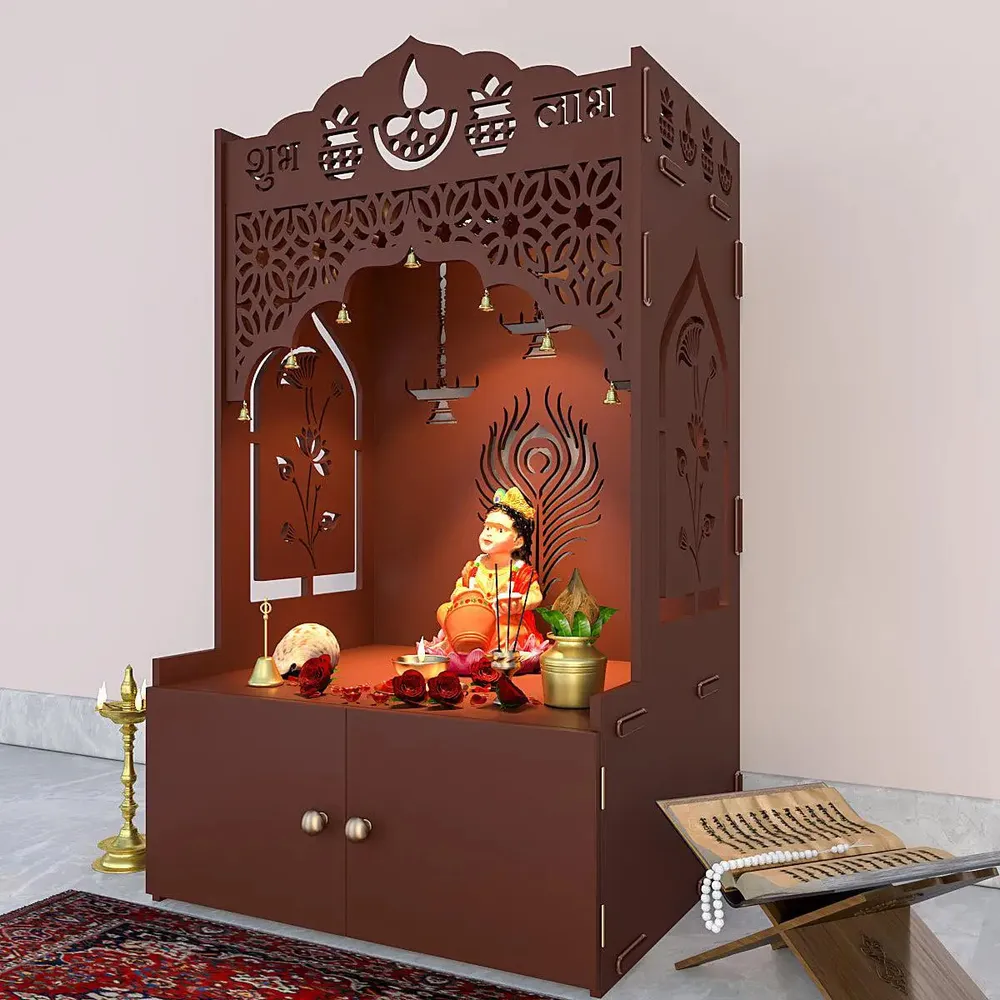Intricate Jali Wooden Floor Temple with Spacious Shelf &amp; Inbuilt Focus Light- Brown