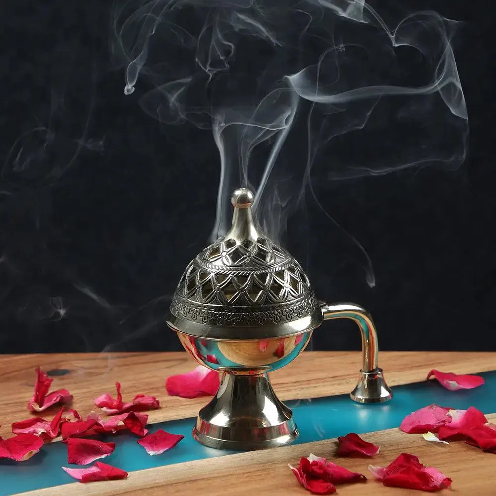 Intricately Crafted Brass Loban Burner with Handle