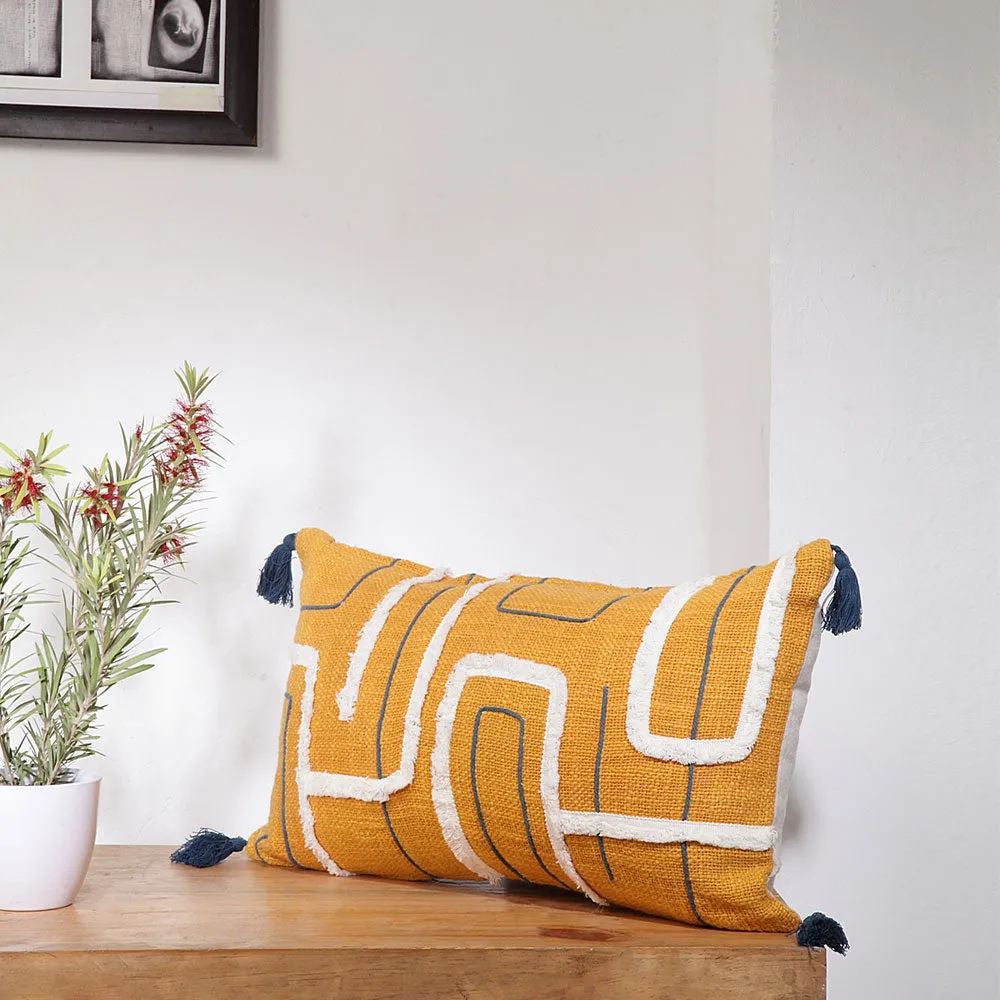 Intricately Fringed Mustard Rectangular 100% Cotton Cushion Cover With Tassels Pack of 1