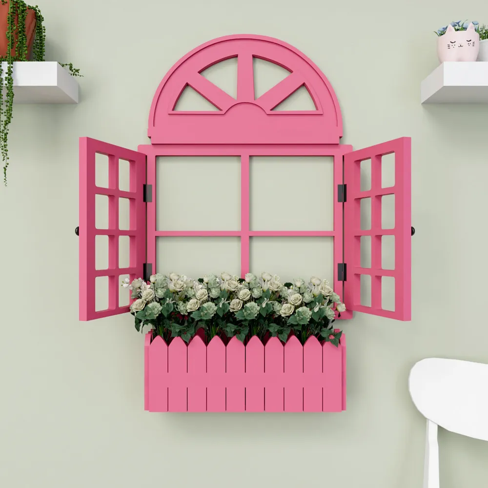 Italian Style Pretty Vintage Window Frame Wooden Jharokha Wall Decor Pink
