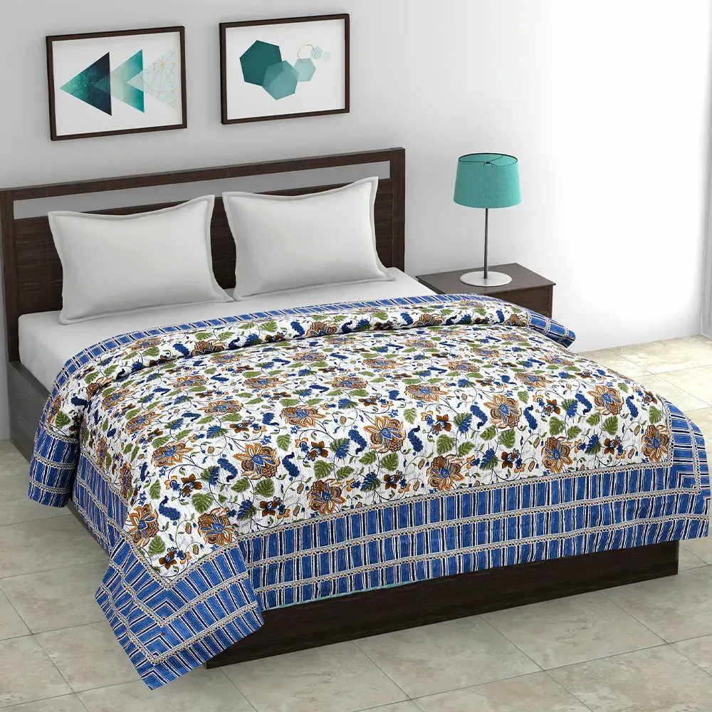 Jaipur Fabric Blue Traditional Floral Patterned Pure Cotton Summer Blanket