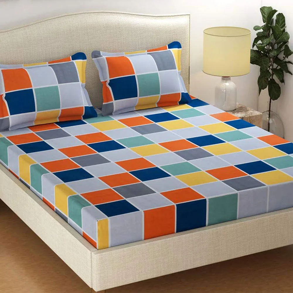 Jaipur Fabric Bold Blocks Designed Multicolored Super-soft Double Bedsheet