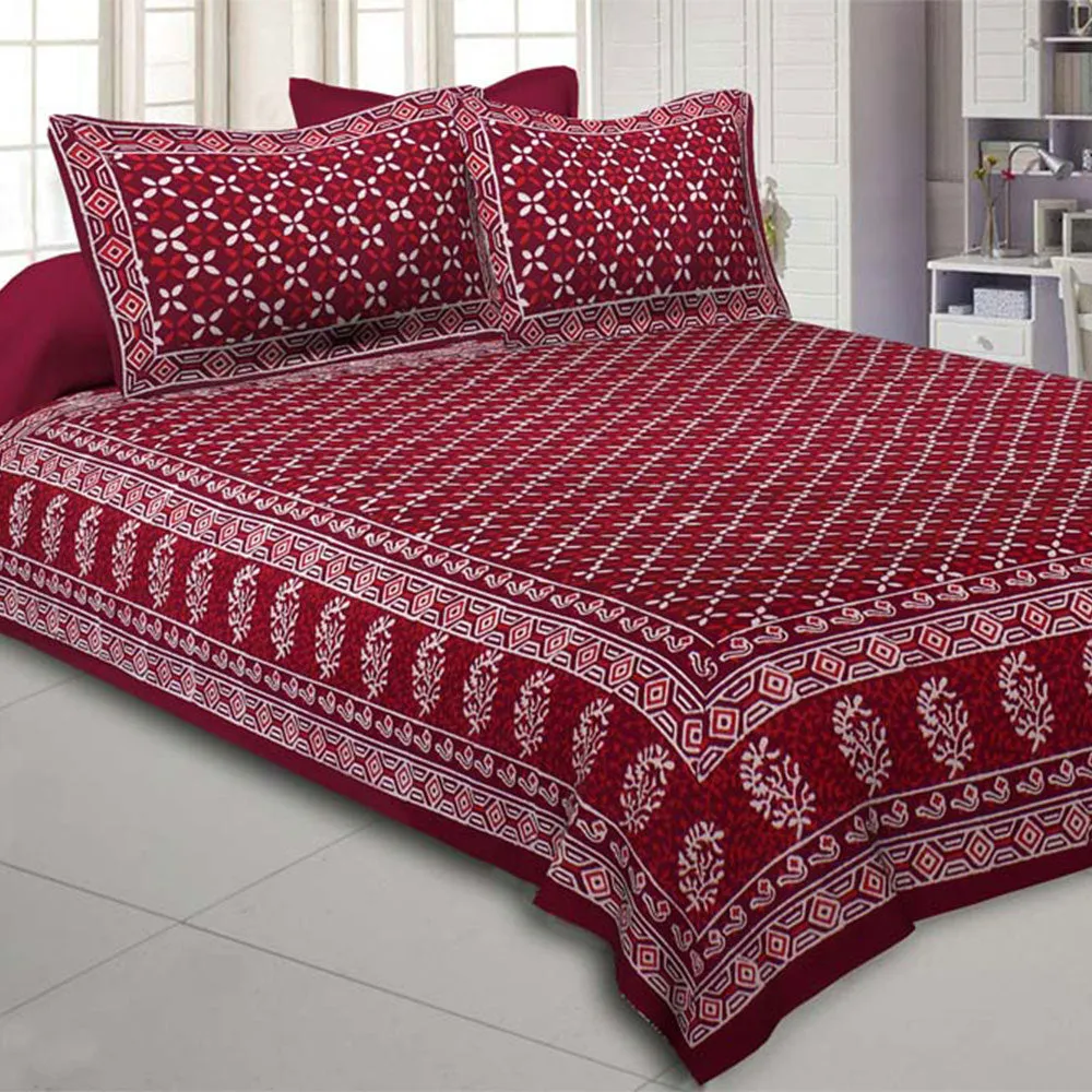 Jaipur Fabric Checkered Lehriya Hand Block Print Cotton Double Bedsheet