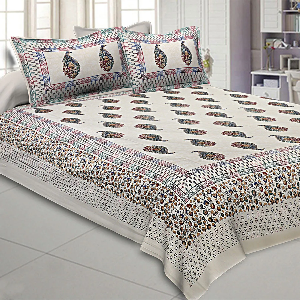 Jaipur Fabric Cream Colorful Paisley Satrangi King Size Double Bedsheet