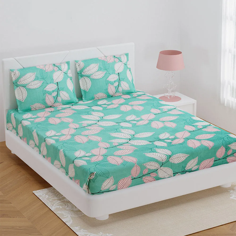 Jaipur Fabric Enchanting Teal Leafy Designer Super Soft Polymix Double Bedsheet