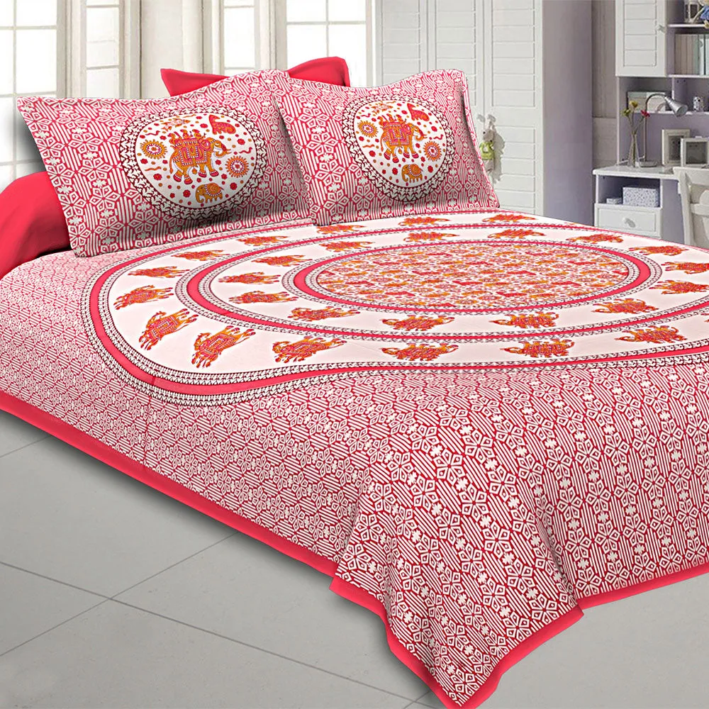 Jaipur Fabric King Size Bedsheet Pink Border Circle Elephant Pattern Screen Print With Two Pillow Cover