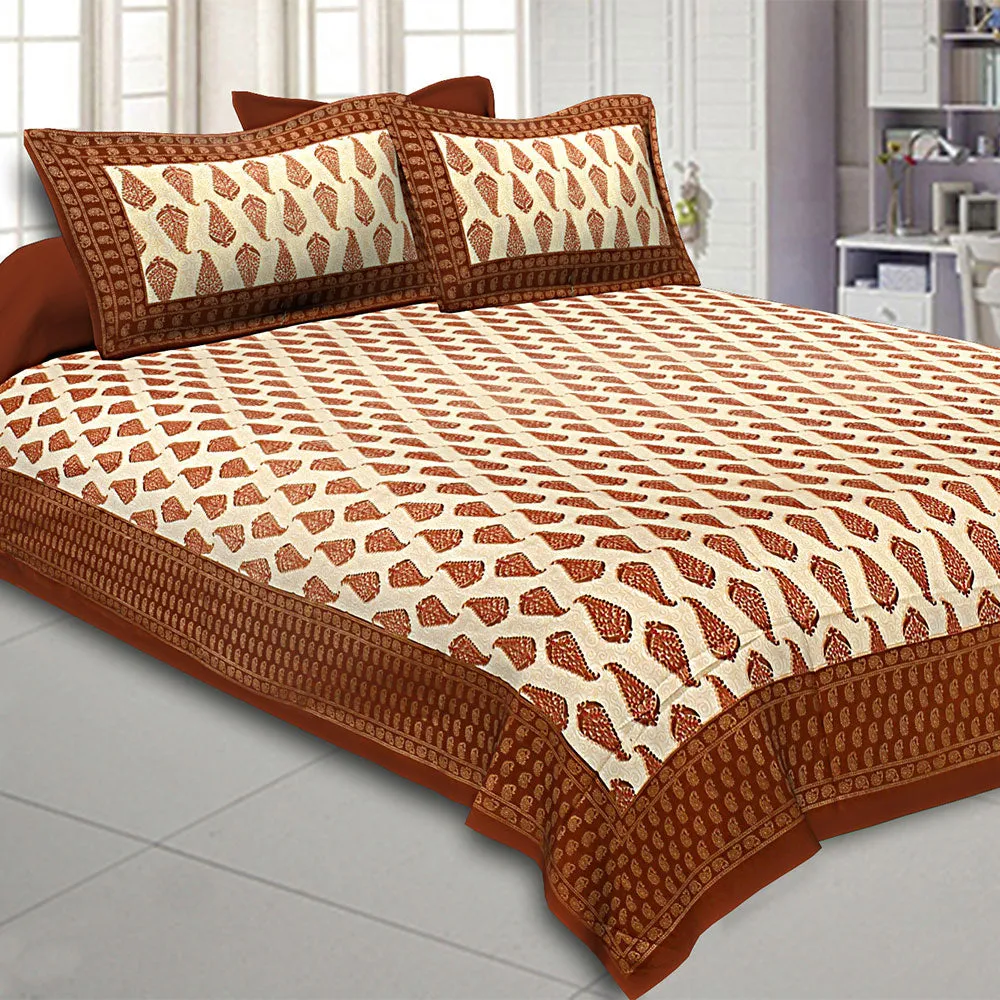 Jaipur Fabric King Size Bedsheet Radish Pink Border Golden Paisley Print With Two Pillow Cover