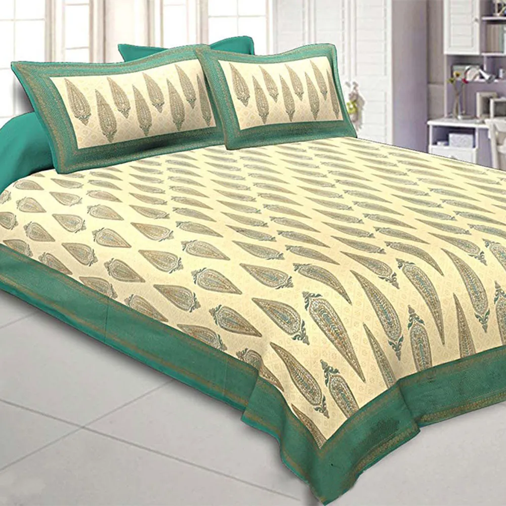 Jaipur Fabric King Size Bedsheet Sea Green Border Golden Paisley Print With Two Pillow Cover