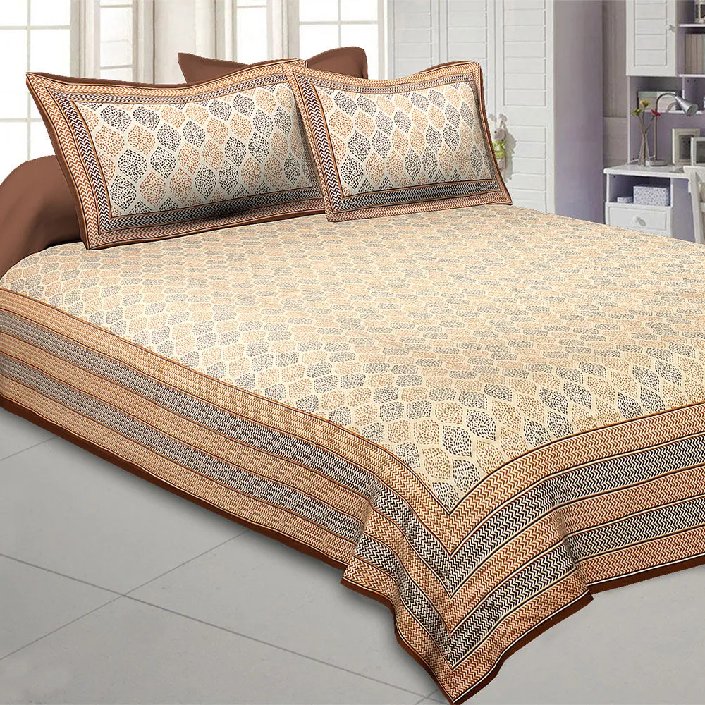 Jaipur Fabric Leafy Style Brown Cotton Satin King Size Bedsheet