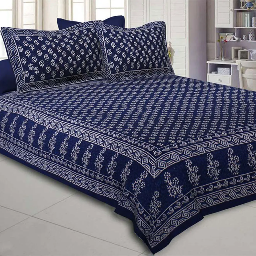 Jaipur Fabric Natural Dye Navy Blue Dabu Print Cotton Double Bedsheet