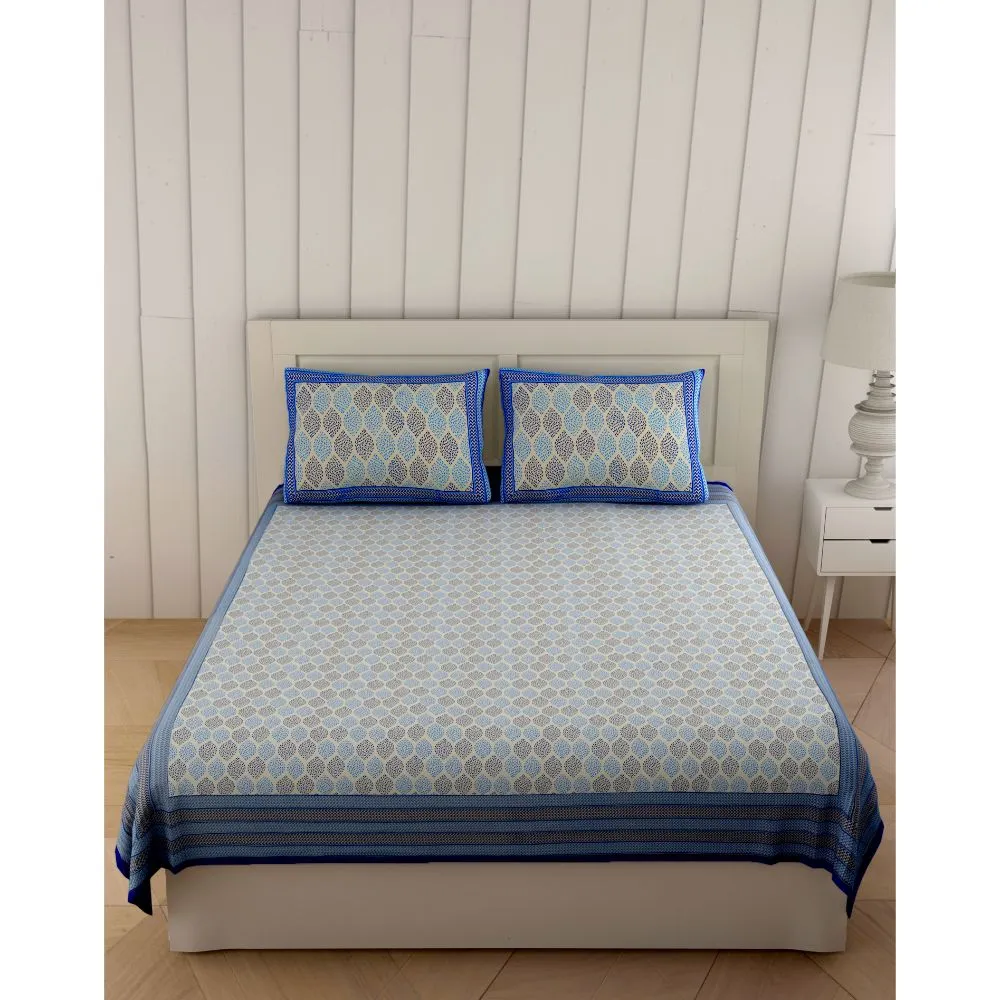 Jaipur Fabric Navy Blue Border Cream Base Leaf Pigment Cotton Satin Hand Block King Size Double Bedsheet