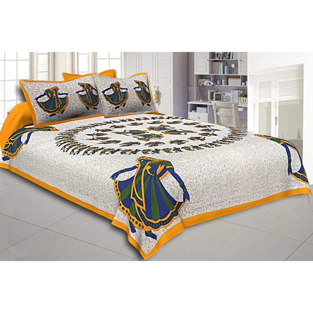 Jaipur Fabric Rajasthani Gujri Dance Pattern Yellow Bordered Cotton Double Bedsheet