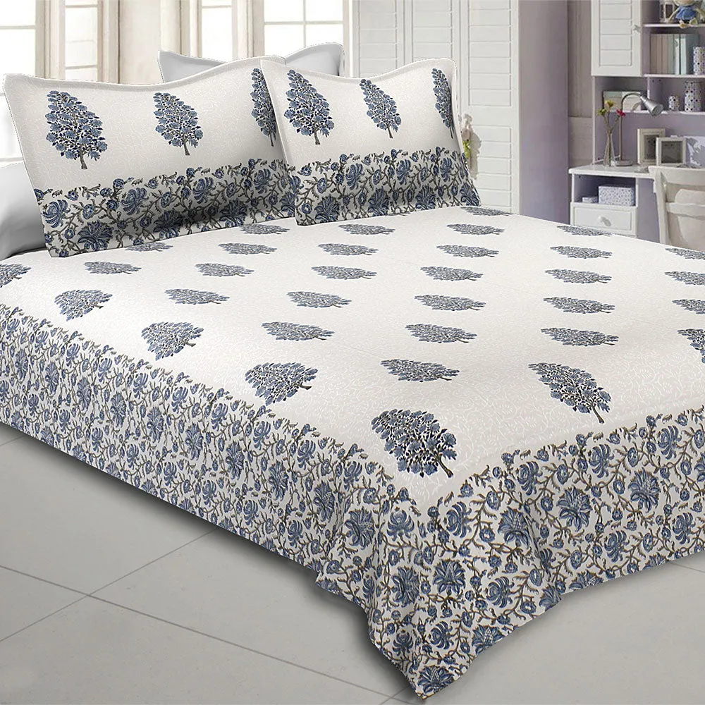 Jaipur Fabric Traditional Tree Blue Hand Block Print Cotton Double Bedsheet