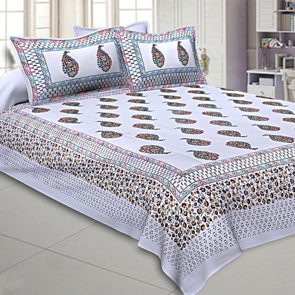 Jaipur Fabric White Colorful Paisley Satrang King Size Double Bedsheet