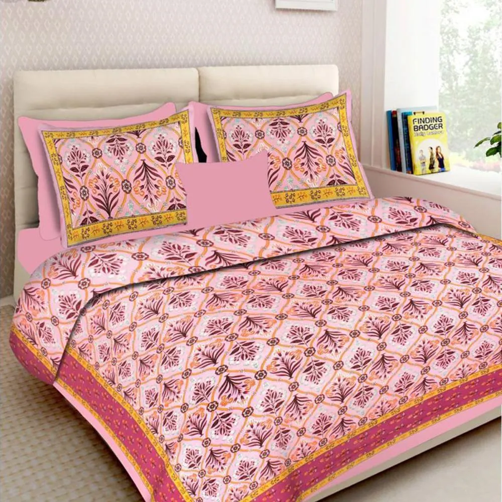 Jaipuri Blooming Vines Printed Double Bedsheet with Pillow Covers