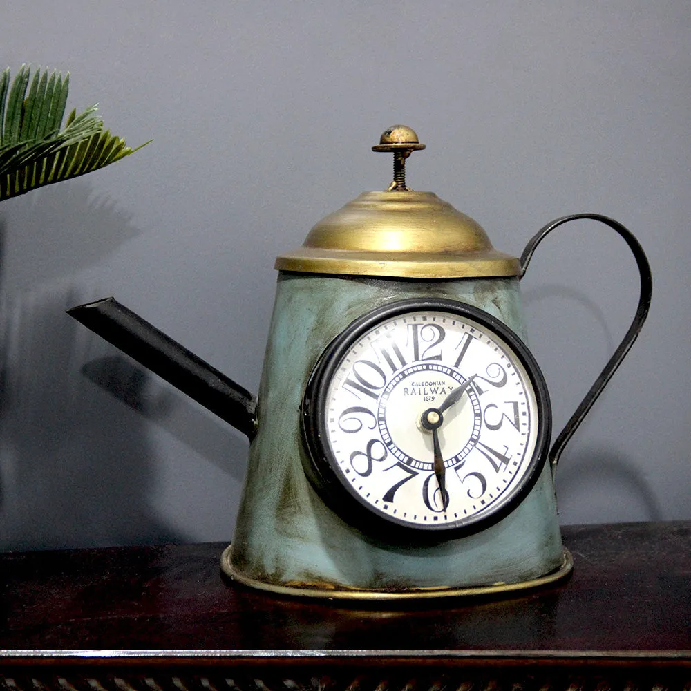 Kettle Inspired Green Table Clock with Golden Lid