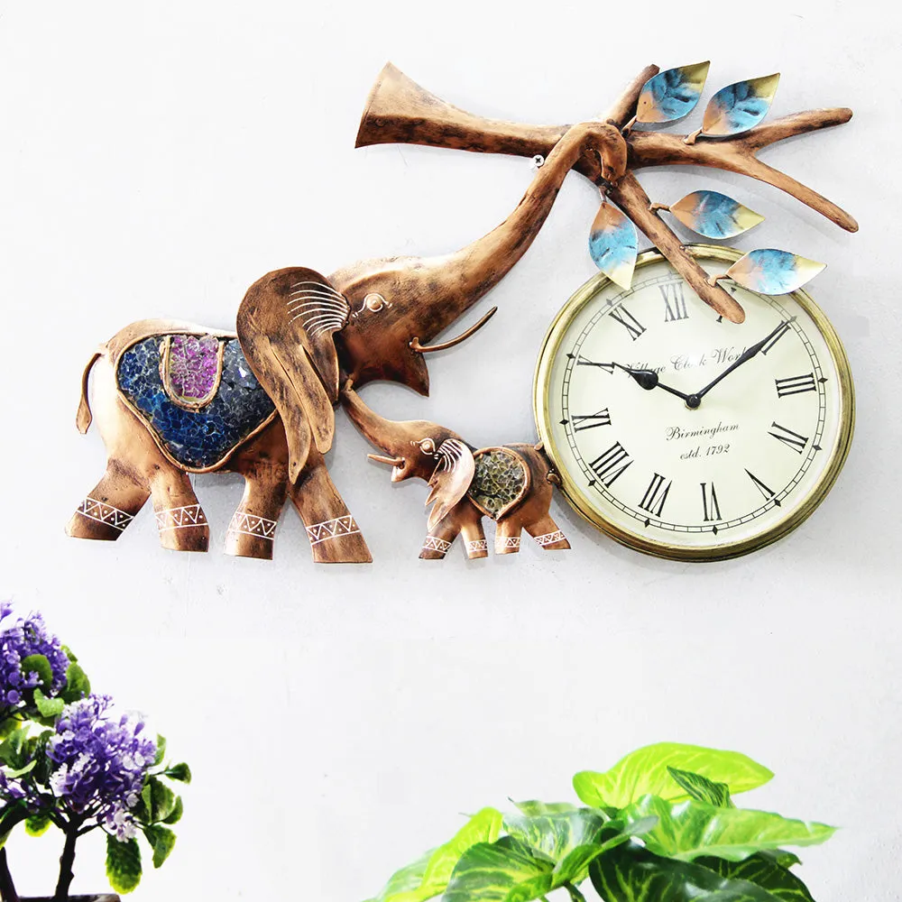 Large Multicoloured Elephant Metal Clock Wall Art