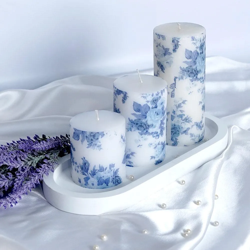 Lavender & Vanilla Blue Floral Designer Scented Pillar Candle- Set of 3