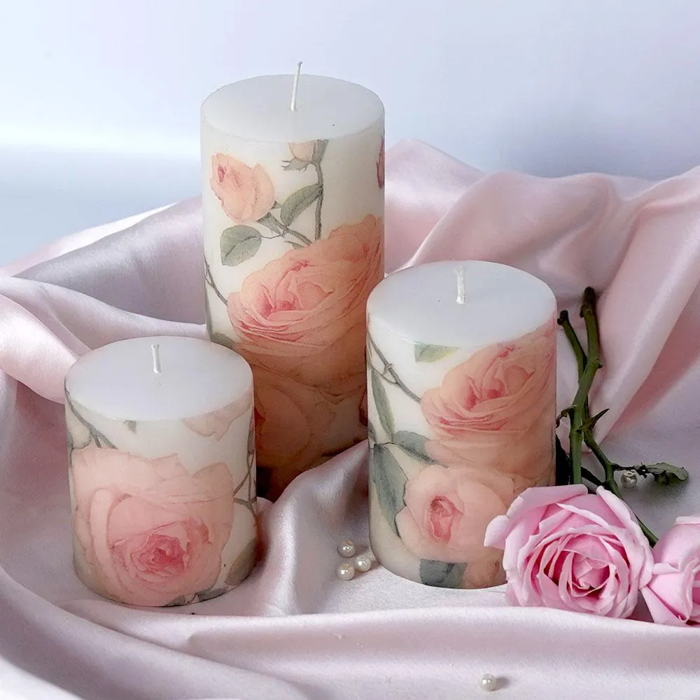 Lavender & Vanilla Pink Floral Designer Scented Pillar Candle- Set of 3
