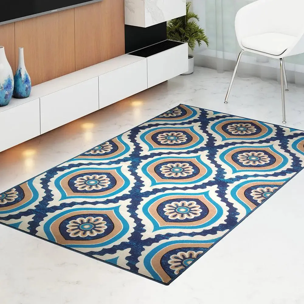 Layers Of Blue Moroccan Printed Premium Area Carpet ( 3 ft x5 ft & 4 ft x 6 ft )