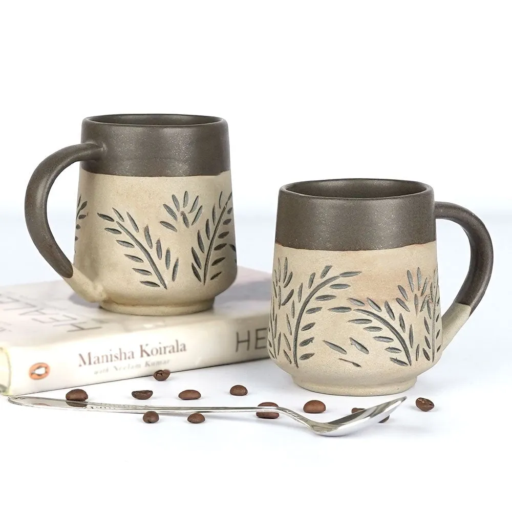 Leaf Carved Green Ceramic Mugs