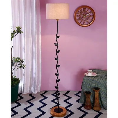Leaf Floor Lamp with Wood Round Base & Drum Cotton Shade