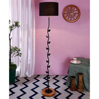 Leaf Floor Lamp with Wood Round Base & Drum Cotton Shade