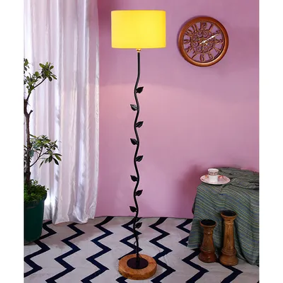 Leaf Floor Lamp with Wood Round Base & Drum Cotton Shade