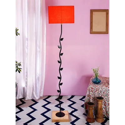 Leaf Floor Lamp with Wood Square Base & Cotton Shade