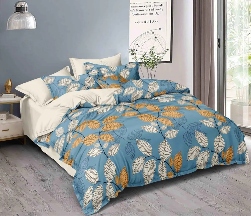Leaf Pattern Design Printed Modern Double Bed Premium Bedsheet With Pillow Covers