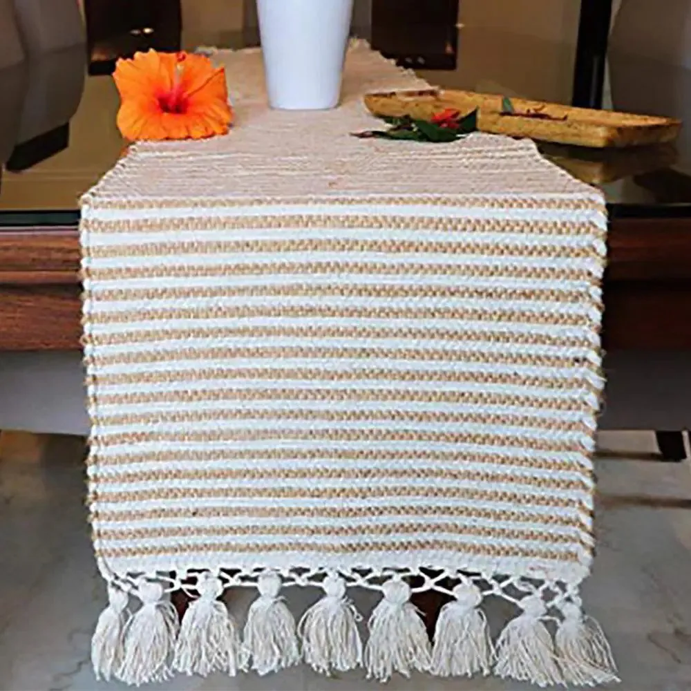 Light Beige Striped Jute & Cotton Table Runner